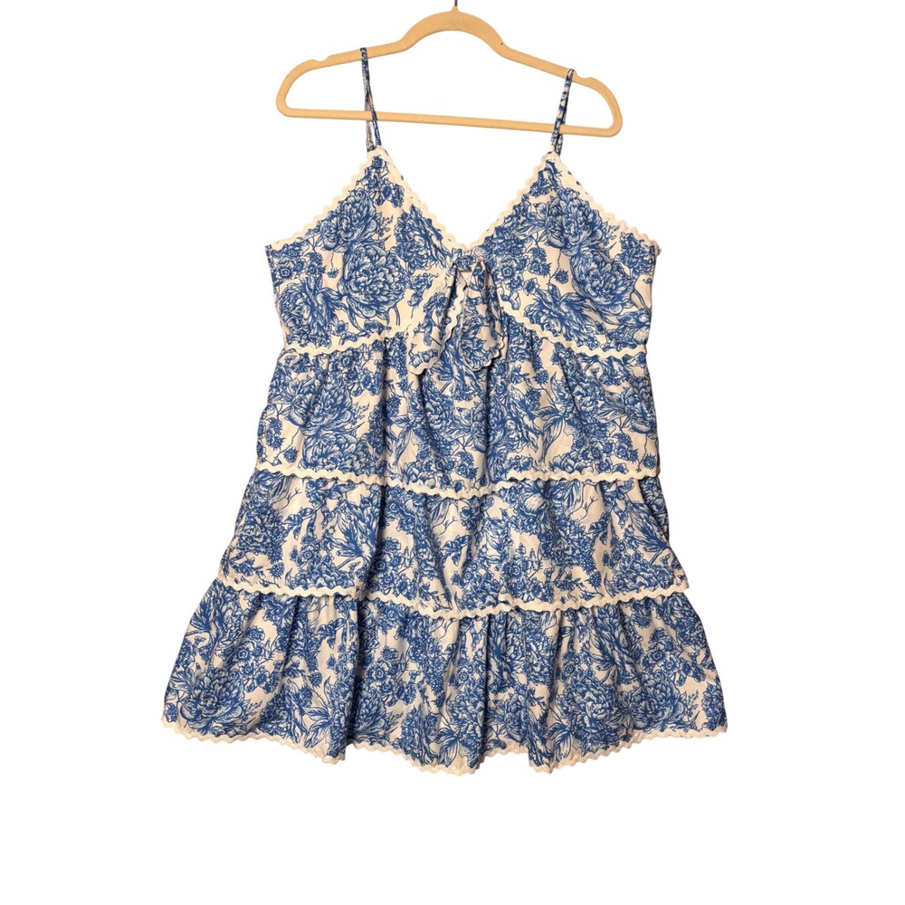 Simply Southern Womens Mini Dress XL Blue Floral Tiered Scalloped Coastal Preppy